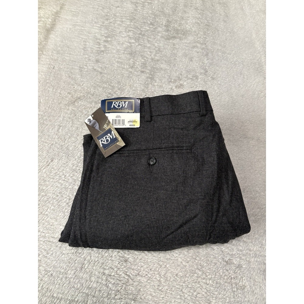 RBM Collection Men's Pleated Black Charcoal Plaid Wool Dress Pants 40x30 Trouser